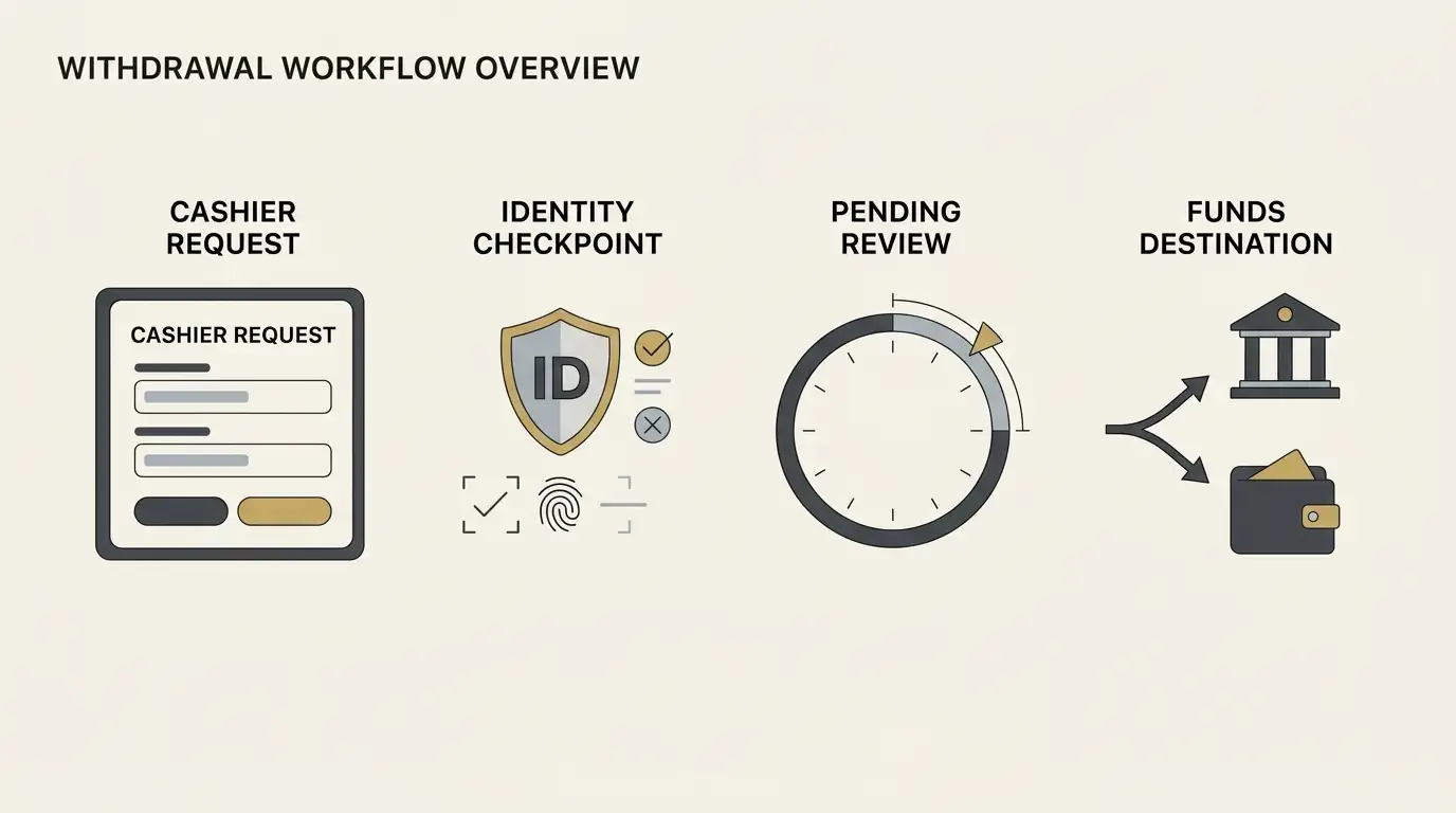 Editorial illustration of a withdrawal request moving through verification and a bank or crypto destination