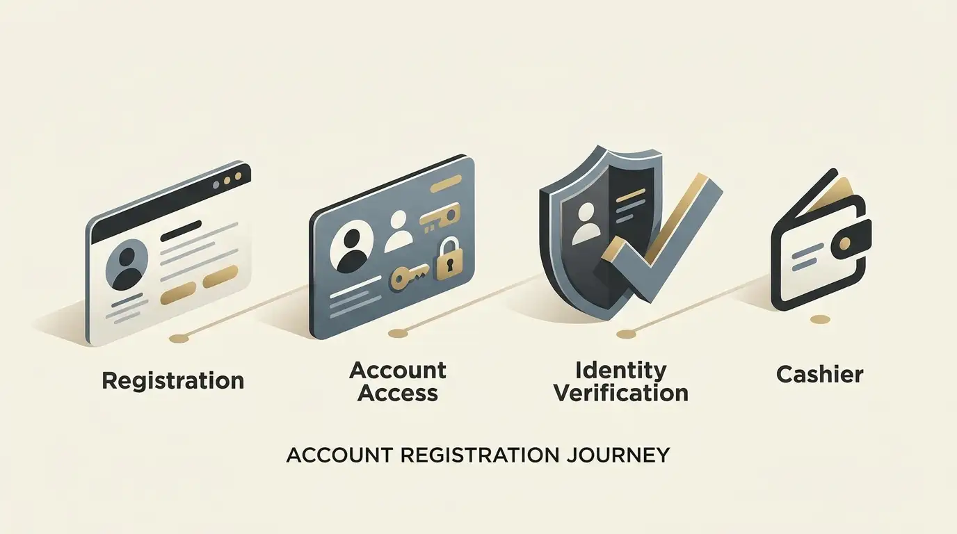 Editorial illustration of a generic account journey from registration through verification and cashier readiness