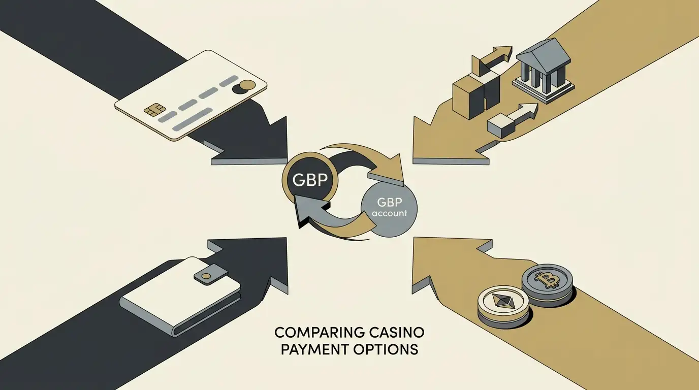Editorial illustration of casino payment routes with cards, bank transfer, crypto and a GBP currency context