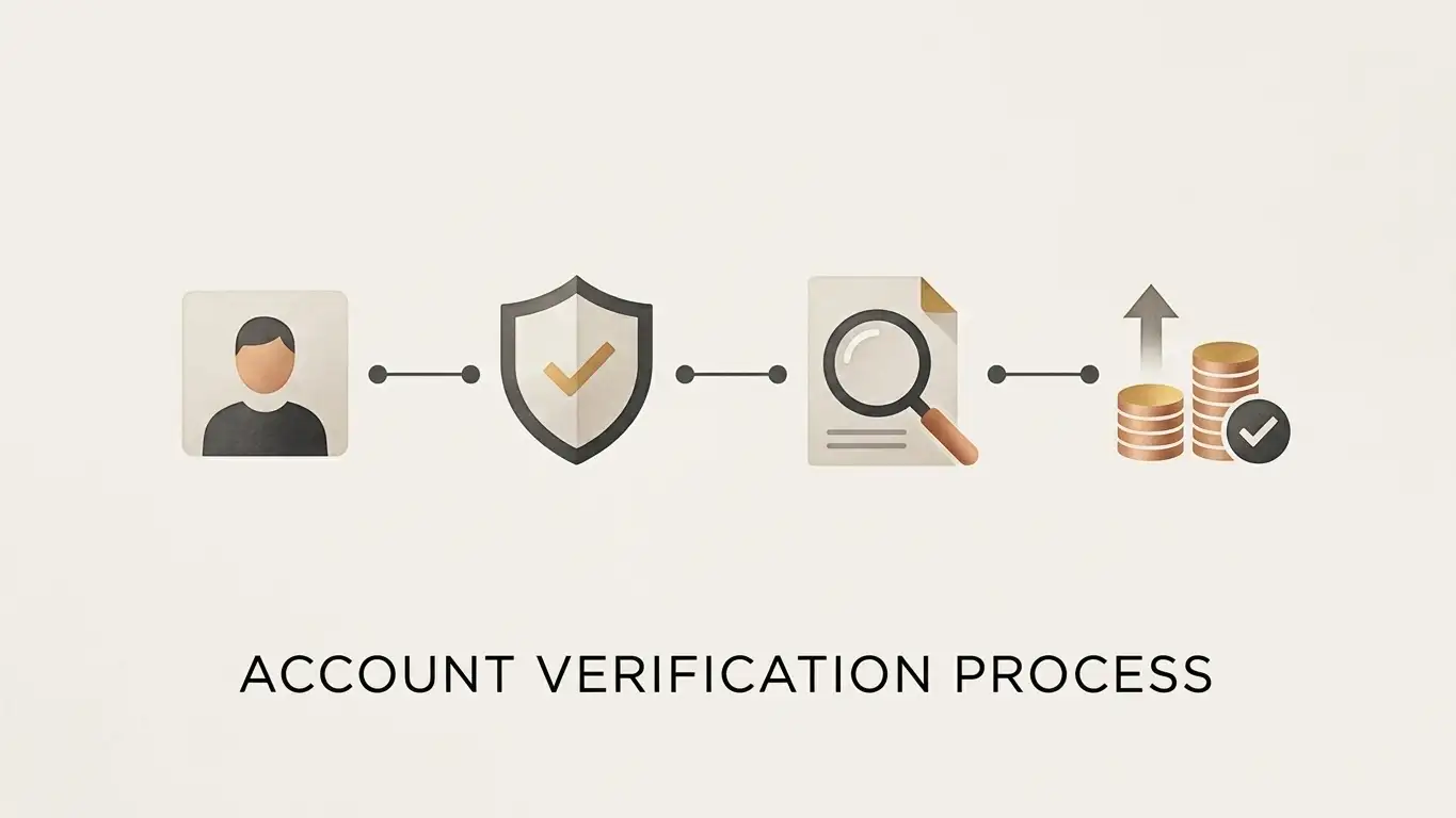 Neutral editorial illustration of an account verification workflow leading to withdrawal readiness