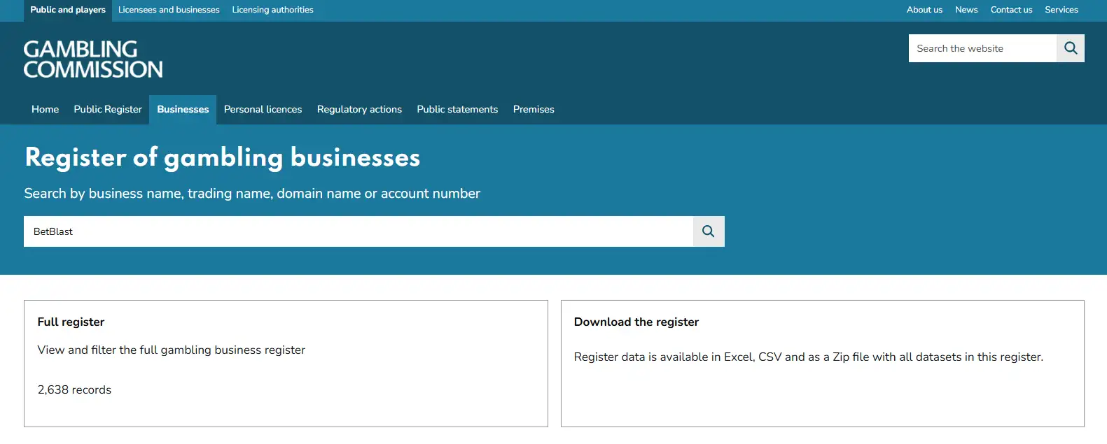 UK Gambling Commission public register search used for the BetBlast licence check