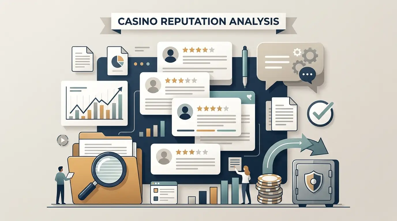 Editorial illustration representing casino reviews, complaint themes and account checks