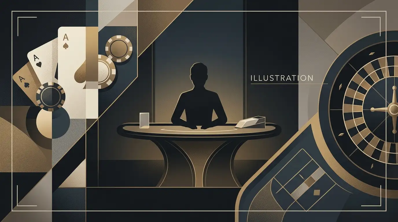 Editorial live casino illustration with a dealer table, cards and roulette wheel