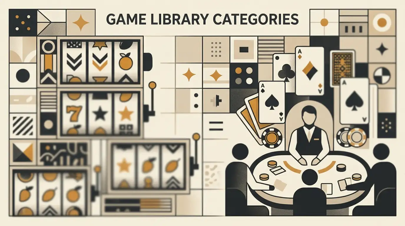 Editorial illustration combining slot reels, live table cards and a game-provider grid