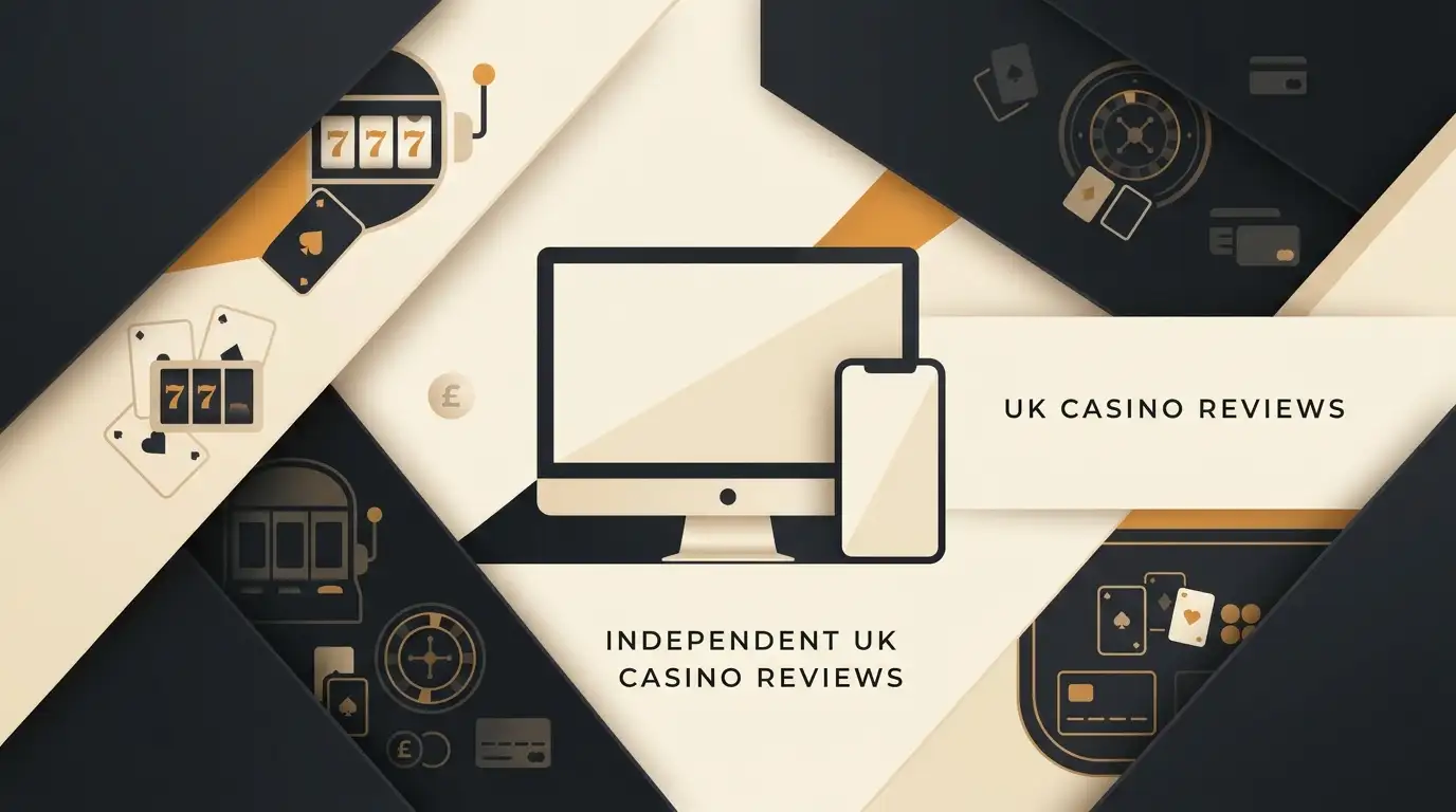 Editorial illustration of desktop and mobile casino review elements for UK readers