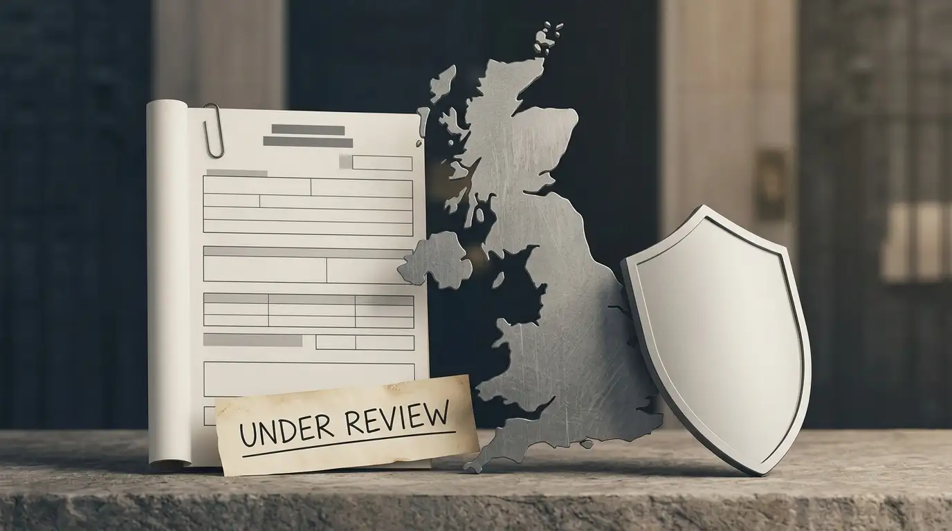 Abstract editorial illustration of UK regulatory context with document and shield motifs